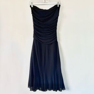 Vintage Strapless Black Ruched Midi Dress